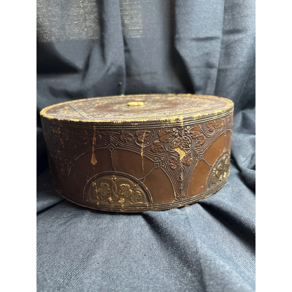 Vintage Style Embossed Brown Gold Round Decorative Box Victorian Floral 10in